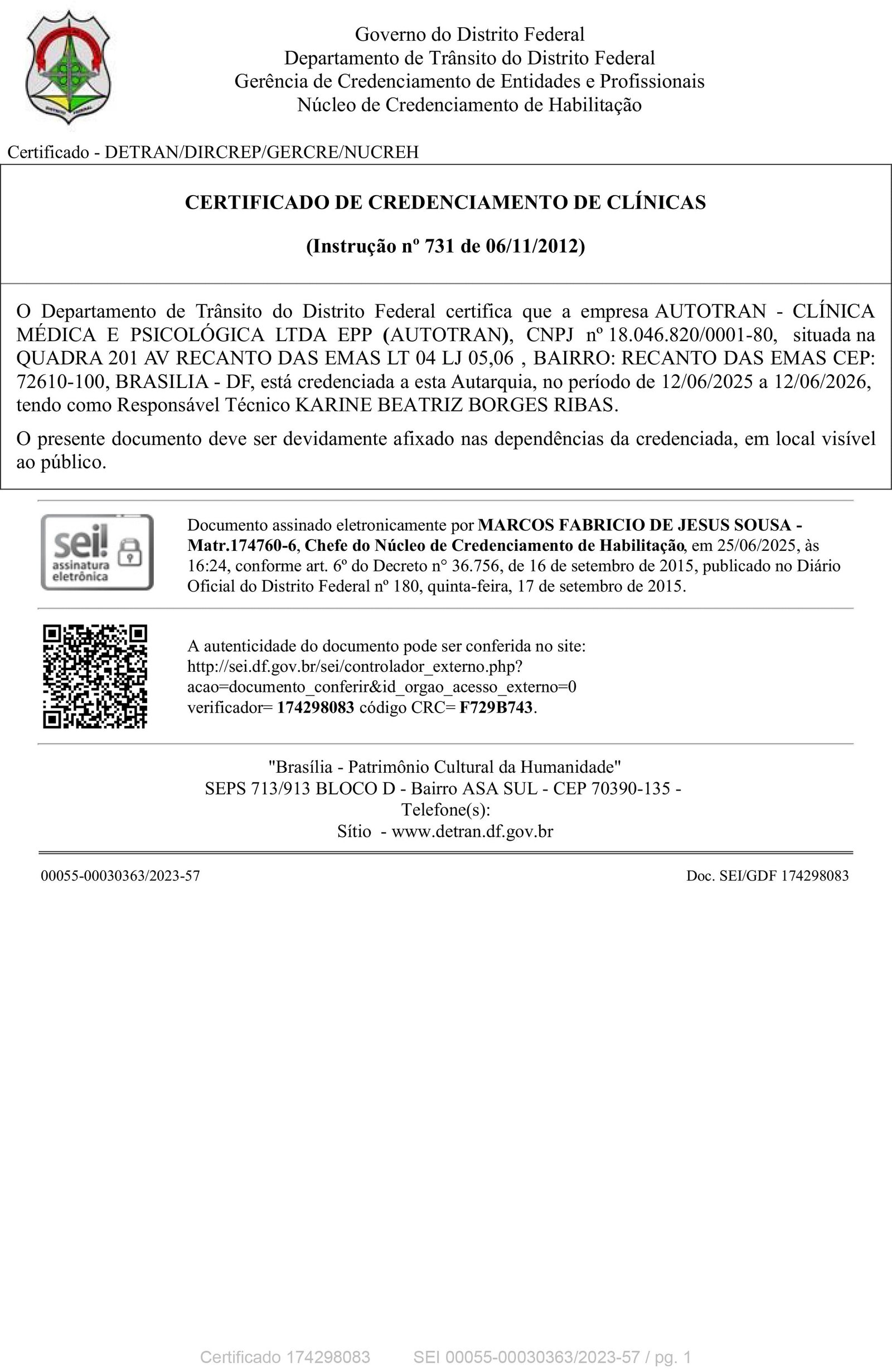Certificado de Credenciamento DETRAN-DF — Clínica Abtran
